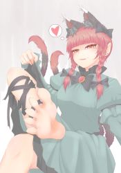 Rule 34 | 1girl, animal ear fluff, animal ears, barefoot, blunt bangs, breasts, cat ears, cat tail, cube85, dress, earrings, extra ears, fangs, feet, foot focus, foot out of frame, green dress, grey background, heart, highres, jewelry, kaenbyou rin, low twintails, medium breasts, multiple tails, nekomata, no shoes, red eyes, red hair, simple background, sitting, soles, solo, spoken heart, tail, toes, touhou, twintails, two tails
