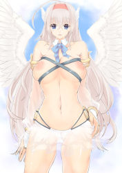 Rule 34 | 1girl, angel wings, bad id, bad pixiv id, blue eyes, blush, bow, bowtie, breasts, bridal gauntlets, detached collar, hairband, head wings, heart, heart-shaped pupils, inverted nipples, large areolae, large breasts, long hair, nipples, open mouth, original, panties, puffy nipples, ran komomo, see-through, simple background, skirt, solo, symbol-shaped pupils, underwear, white panties, wings
