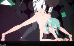 Rule 34 | 1boy, 1girl, 3d, anal, anal object insertion, aqua eyes, aqua hair, asada shino, ass, ass grab, blue eyes, blur censor, breasts, breasts out, censored, closed mouth, clothed sex, flexible, hair ornament, hairclip, highres, huge ass, kirito, medium breasts, miura3d, object insertion, one eye closed, sex, sex from behind, shiny skin, sinon, sword art online, thick thighs, thighs