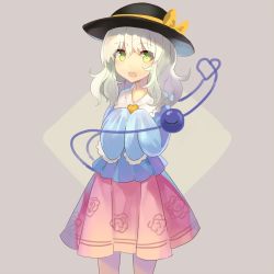 Rule 34 | 1girl, :o, black hat, blue shirt, bow, commentary request, cosplay, diamond (shape), falken (yutozin), feet out of frame, floral print, frilled shirt collar, frills, green eyes, green hair, grey background, hat, hat bow, heart, heart of string, highres, komeiji koishi, komeiji satori, komeiji satori (cosplay), long sleeves, looking at viewer, medium hair, one-hour drawing challenge, open mouth, pink skirt, shirt, simple background, skirt, sleeves past fingers, sleeves past wrists, solo, standing, third eye, touhou, wide sleeves, yellow bow