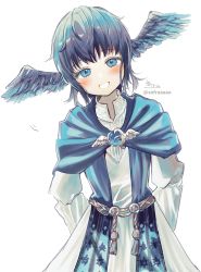 Rule 34 | absurdres, black wings, blue capelet, blue eyes, blue hair, blue wings, blush, capelet, commentary, feathered wings, final fantasy, final fantasy xiv, grin, head tilt, head wings, highres, leaning to the side, long sleeves, looking at viewer, meteion, robe, signature, simple background, smile, sofra, twitter username, white background, white robe, wings