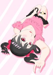 Rule 34 | 1girl, artist name, artist request, bare legs, bare shoulders, barefoot, black hair, black skirt, blush, bow, breasts, collarbone, dress, feet, female focus, flat chest, frilled dress, frills, hair between eyes, hair bow, heart, heart (symbol), highres, holding, holding clothes, holding skirt, knees up, long hair, looking at viewer, love live!, love live! school idol project, m/, miniskirt, nico nico nii, parted lips, pink background, pink dress, plaid, plaid skirt, pleated, pleated skirt, red bow, red eyes, short hair, short twintails, skirt, sleeveless, sleeveless dress, small breasts, smile, solo, twintails, upside-down, yazawa nico
