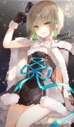 Rule 34 | 1boy, black gloves, blunt bangs, blush, bob cut, bow, brown hair, cape, dress, fur trim, gloves, green eyes, green hair, gretel (sinoalice), hair bow, highres, looking at viewer, male focus, mcmcmococo, merry christmas, multicolored hair, parted lips, ribbon, sinoalice, smile, snowflakes, solo, trap, two-tone hair