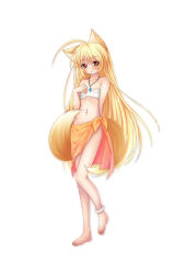 Rule 34 | 1girl, ahoge, animal ears, anklet, anyu (anyumal), bandages, barefoot, blonde hair, blush, fox ears, fox tail, full body, jewelry, long hair, necklace, original, red eyes, sarashi, sarong, seiba akira, shy, silver rain, simple background, solo, tail, white background