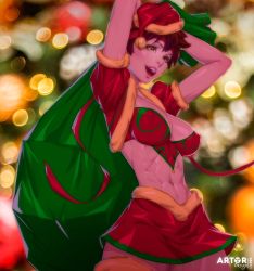 Rule 34 | 1girl, abs, arms up, arttoru, blurry, blurry background, bokeh, breasts, capcom, cleavage, covered erect nipples, cowboy shot, depth of field, green bag, hat, highres, kasugano sakura, medium breasts, open mouth, red hat, santa hat, short sleeves, smile, solo, street fighter, toned
