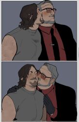 Rule 34 | 2boys, bara, beard, blush, brown hair, corrupted twitter file, couple, deadman (death stranding), death stranding, elinapires (lewalrus), facial hair, fat, fat man, glasses, goatee, grey hair, highres, kiss, kissing cheek, male focus, mature male, multiple boys, mustache, old school swimsuit, pectorals, sam (death stranding), school swimsuit, shirt, short hair, sleeveless, sleeveless shirt, smile, sunglasses, swimsuit, thick eyebrows, thick mustache, upper body, yaoi