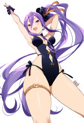 Rule 34 | 1girl, absurdres, arm behind head, arm up, armpits, bare shoulders, black one-piece swimsuit, breasts, cleavage, earrings, fate/grand order, fate (series), hair between eyes, hair ornament, hair scrunchie, highleg, highleg swimsuit, highres, jewelry, large breasts, long hair, looking at viewer, navel, one-piece swimsuit, open mouth, purple eyes, purple hair, scrunchie, side ponytail, sidelocks, smile, solo, swimsuit, thighlet, thighs, tochi keisuke, very long hair, wrist scrunchie, wu zetian (fate), wu zetian (swimsuit caster) (fate), wu zetian (swimsuit caster) (first ascension) (fate)