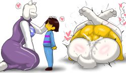 Rule 34 | 1boy, 1girl, animal ears, blush, breasts, brown hair, clothes, colored skin, enigi09, frisk (undertale), furry, furry female, furry with non-furry, heart, highres, horns, interspecies, lying, lying on person, mating press, medium breasts, on bed, short hair, size difference, speech bubble, toriel, undertale, yellow skin