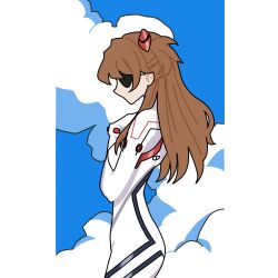 Rule 34 | 1girl, artist request, ass, blue sky, bodysuit, breasts, brown hair, evangelion: 3.0+1.0 thrice upon a time, eyepatch, feet out of frame, hand on own chest, highres, long hair, medium breasts, neon genesis evangelion, plugsuit, rebuild of evangelion, shiny clothes, simple background, skin tight, sky, solo, souryuu asuka langley, standing, two side up, white bodysuit