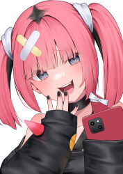Rule 34 | 1girl, :d, black choker, black hair, black jacket, black nails, cellphone, choker, commentary request, creatures (company), fingernails, game freak, grey eyes, hashiko nowoto, highres, holding, holding phone, jacket, looking at viewer, multicolored hair, nail polish, nintendo, open mouth, phone, pink hair, pokemon, pokemon (anime), pokemon horizons, coral (pokemon), simple background, sleeves past wrists, smile, solo, teeth, twintails, two-tone hair, upper body, upper teeth only, white background