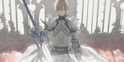 Rule 34 | 1boy, armor, breastplate, brown hair, chainmail, chihuri, closed mouth, commentary request, ear piercing, final fantasy, final fantasy xiv, flower, gauntlets, green eyes, hair over one eye, highres, holding, holding sword, holding weapon, male focus, pauldrons, petals, piercing, pointy ears, red flower, shoulder armor, solo, sword, weapon, zephirin de valhourdin