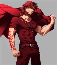 Rule 34 | 1boy, bad id, bad pixiv id, command spell, cross, cross necklace, fate/stay night, fate (series), jewelry, kotomine kirei, male focus, necklace, red eyes, red hair, solo, zihad