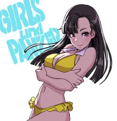 Rule 34 | 1girl, bare arms, bare shoulders, bikini, black hair, breast hold, breasts, brown hair, cleavage, closed mouth, collarbone, commentary request, copyright name, crossed arms, fingernails, girls und panzer, highres, lips, long hair, looking at viewer, medium breasts, navel, nishi kinuyo, parted bangs, simple background, smile, solo, stomach, swimsuit, white background, yamashita shun&#039;ya, yellow bikini