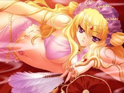 Rule 34 | 00s, 1girl, alternate costume, blonde hair, breasts, carnelian, cleavage, dancer, hand fan, feather fan, folding fan, headdress, jewelry, large breasts, lilith (yamibou), long hair, looking at viewer, lots of jewelry, navel, purple eyes, solo, yami to boushi to hon no tabibito