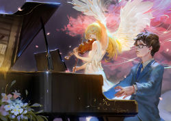 Rule 34 | 10s, 1boy, 1girl, arima kousei, back, black-framed eyewear, black hair, blazer, blonde hair, blue necktie, bow, bow (music), closed eyes, collared shirt, crying, dress, feathered wings, flower, glasses, hair ornament, holding, instrument, jacket, long hair, long sleeves, looking at viewer, miyazono kawori, music, necktie, petals, piano, playing instrument, qmo (chalsoma), school uniform, shigatsu wa kimi no uso, shirt, sitting, sleeveless, sleeveless dress, spoilers, tears, violin, white bow, white dress, white flower, white wings, wind, wings