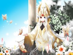 Rule 34 | 1girl, bad id, bad pixiv id, blue eyes, bug, bush, butterfly, closed mouth, column, commentary request, cone hair bun, crown, crystal, dress, flower, full body, gem, golden wings, hair bun, heterochromia, insect, long hair, long sleeves, looking at viewer, orange butterfly, pillar, pope (ragnarok online), ragnarok online, red eyes, red gemstone, shizaki asuka, smile, solo, white dress, white flower, white hair, wide sleeves, winged hat