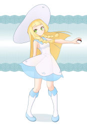 Rule 34 | 1girl, blonde hair, blue footwear, blunt bangs, braid, closed mouth, collared dress, commentary request, creatures (company), dress, floating hair, full body, game freak, green eyes, hat, highres, holding, holding poke ball, kneehighs, knees, kouzuki (reshika213), lace, lillie (pokemon), long hair, nintendo, outstretched arm, pigeon-toed, poke ball, poke ball (basic), pokemon, pokemon sm, see-through, shoes, sleeveless, sleeveless dress, socks, solo, standing, sun hat, sundress, twin braids, white dress, white hat, white socks
