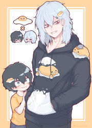 Rule 34 | 2boys, :&gt;, age progression, aged down, black hair, black hoodie, black pants, blush, boku no hero academia, border, character hair ornament, character print, child, commentary, creature, crossover, disembodied limb, drawstring, dual persona, egg, eggshell, grey eyes, grey hair, gudetama, hair between eyes, hair ornament, hand on another&#039;s arm, hands in pockets, head rest, highres, hood, hood down, hoodie, inukai (inuuowoukai), long sleeves, looking at another, lying, medium hair, messy hair, mole, mole under mouth, multiple boys, on stomach, open mouth, outside border, pants, print hoodie, red eyes, sanrio, scar, scar across eye, scar on face, scar on mouth, shigaraki tomura, shirt, short hair, short sleeves, simple background, smile, standing, time paradox, white background, yellow border, yellow shirt