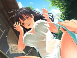 Rule 34 | 1girl, black eyes, black hair, blue sky, bow, bow bra, bra, braid, breasts, cloud, day, french braid, hands up, hose, house, large breasts, long hair, looking at viewer, no pants, original, outdoors, pov, pov hands, satsuki neko, see-through, shirt, sky, solo focus, squatting, thighs, underwear, water, wet, wet clothes, wet shirt, white bra, white shirt, wind chime