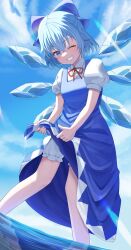 Rule 34 | 1girl, ;d, absurdres, bloomers, blue bow, blue dress, blue eyes, blue hair, blue wings, bow, cirno, collared shirt, crossed bangs, crystal wings, day, dress, feet out of frame, grin, hair between eyes, hair bow, happy, highres, light rays, neck ribbon, one eye closed, open mouth, outdoors, pinafore dress, puffy short sleeves, puffy sleeves, red ribbon, ribbon, shirt, short hair, short sleeves, sleeveless, sleeveless dress, smile, solo, sparkle, standing, sunlight, touhou, underwear, wading, water, water drop, wet, wet clothes, wet dress, white bloomers, white shirt, wings, wringing clothes, yaki tai