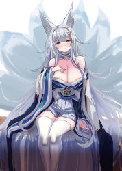 Rule 34 | 1girl, absurdres, animal ear fluff, animal ears, arm support, azur lane, bare shoulders, breasts, cleavage, collarbone, detached collar, detached sleeves, female focus, fox ears, fox girl, fox tail, hair between eyes, hair ornament, hand on own chest, hey taisyou, highres, huge breasts, japanese clothes, kimono, kitsune, kyuubi, legs together, long hair, looking at viewer, multiple tails, pleated skirt, shinano (azur lane), shirt, simple background, sitting, skirt, solo, tail, thighhighs, thighs, very long hair, white background, white hair, white shirt, white thighhighs, zettai ryouiki