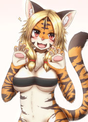 Rule 34 | 1girl, :3, animal ears, animal hands, animal nose, bandeau, blonde hair, blush, breasts, cleavage, fang, furry, furry female, gradient background, highres, horokusa (korai), large breasts, looking at viewer, medium hair, open mouth, orange fur, original, pawpads, red eyes, simple background, smile, solo, strapless, tail, tiger ears, tiger girl, tiger tail, tongue, tube top, white fur