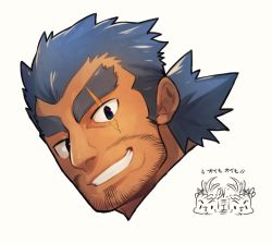 Rule 34 | 1boy, beard, blue eyes, blue hair, chibi, chibi inset, close-up, commentary request, eyebrow cut, facial hair, grin, head only, jormungandr (f-kare), long sideburns, looking at viewer, low ponytail, male focus, mature male, mid (mid skb), scar, scar across eye, scar on face, sideburns, simple background, smile, solo, thick eyebrows, tokyo houkago summoners, white background, yamasachihiko (housamo)