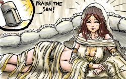 Rule 34 | 1girl, armor, borockman, breasts, brown hair, cleavage, dark souls (series), dark souls i, female focus, knight, large breasts, long hair, lying, midriff, navel, on side, queen of sunlight gwynevere, smile, solaire of astora, solo, tiara, veil