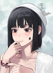 Rule 34 | !?, 1girl, absurdres, bad id, bad pixiv id, black hair, blush, bracelet, brown eyes, closed mouth, collarbone, commentary, facial mark, hands up, highres, jewelry, korean text, mac star, medium hair, original, solo, star (symbol), star facial mark, towel on one shoulder, translation request, upper body, wet