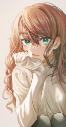 Rule 34 | 1girl, absurdres, arm support, blush, brown hair, closed mouth, ffflilil, green eyes, hand on own chin, hand on own face, highres, knees up, legs together, long hair, long sleeves, looking at viewer, original, simple background, sitting, solo, sweater, turtleneck, turtleneck sweater, white sweater