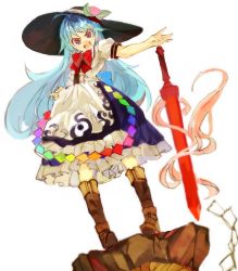 Rule 34 | &gt;:d, 1girl, :d, apron, blue hair, blue skirt, boots, bow, bowtie, brown footwear, evil eyes, evil smile, floating, food, frilled apron, frilled shirt, frilled skirt, frills, fruit, full body, hand on own hip, hat, hinanawi tenshi, keystone, konabetate, leaf, long hair, looking at viewer, open mouth, outstretched arm, peach, puffy short sleeves, puffy sleeves, rainbow order, red bow, red eyes, shirt, shoes, short sleeves, simple background, skirt, smile, solo, standing, sword, sword of hisou, touhou, v-shaped eyebrows, weapon, white background, white shirt