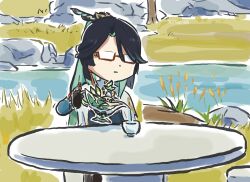Rule 34 | 1girl, :|, black hair, chibi, closed mouth, cloud retainer (genshin impact), commentary, day, english commentary, genshin impact, glasses, green hair, long hair, multicolored hair, opaque glasses, outdoors, parted bangs, pouring, sitting, solo, table, two-tone hair, very long hair, xianyun (genshin impact), xinzoruo