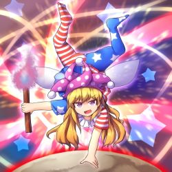 Rule 34 | &gt;:d, 1girl, :d, american flag dress, american flag legwear, ass, blonde hair, clownpiece, duel monster, fun bo, hat, jester cap, long hair, looking at viewer, open mouth, pantyhose, parody, performage trick clown, purple eyes, smile, smug, solo, torch, touhou, tsurime, v-shaped eyebrows, yu-gi-oh!