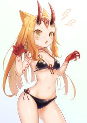Rule 34 | 1girl, absurdres, animal ears, bare shoulders, bikini, black bikini, blonde hair, breasts, cat ears, claw pose, collarbone, facial mark, fate/grand order, fate (series), forehead, forehead mark, hair pulled back, highres, horns, ibaraki douji (fate), ibaraki douji (swimsuit lancer) (first ascension) (fate), long hair, looking at viewer, navel, nupy22, oni, oni horns, open mouth, small breasts, solo, swimsuit, tattoo, thighs, yellow eyes