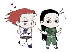 Rule 34 | 2boys, annoyed, black hair, chibi, earrings, empty eyes, enyalee, facial mark, flat color, full body, hair slicked back, heart, hisoka morow, holding, holding needle, hunter x hunter, illumi zoldyck, interlocked fingers, jewelry, long hair, looking at another, male focus, multiple boys, needle, own hands together, puckered lips, red hair, short hair, sleeveless, standing, standing on one leg, yaoi