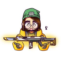 Rule 34 | + +, 1girl, assault rifle, beanie, black gloves, brown eyes, brown hair, commentary, cropped torso, english commentary, glasses, gloves, glowing, glowing weapon, green hat, gun, hat, highres, jacket, killjoy (valorant), long hair, long sleeves, looking at object, open mouth, partially fingerless gloves, phantom (valorant), rifle, round eyewear, solo, touya sketch, valorant, weapon, white background, yellow jacket