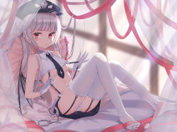 Rule 34 | 1girl, artist request, ass, bare arms, bare shoulders, bed, belt, black hat, black skirt, borrowed character, breasts, canopy bed, chia sis, collared shirt, commentary request, copyright request, crop top, cuffs, curtains, demon girl, demon wings, garter straps, gloves, grey hair, handcuffs, hat, highres, knees up, long hair, looking at viewer, lying, midriff, miniskirt, navel, necktie, no bra, no shoes, on back, on bed, panties, parted lips, peaked cap, pillow, pleated skirt, reclining, red eyes, red ribbon, revealing clothes, ribbon, shirt, skirt, sleeveless, sleeveless shirt, small breasts, solo, stomach, suspenders, suspenders pull, tenshi keisatsu, thighhighs, thighs, twintails, underboob, underwear, very long hair, white gloves, white panties, white shirt, white thighhighs, wings