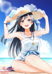 Rule 34 | 1girl, absurdres, birthday, black hair, blue sky, breasts, cloud, cloudy sky, collarbone, commentary, dated, english commentary, grey eyes, happy birthday, hat, highres, jewelry, long hair, looking at viewer, love live!, love live! nijigasaki high school idol club, medium breasts, necklace, ocean, one side up, sidelocks, sky, solo, straw hat, summer, twitter username, yuki setsuna (love live!), zakimpo
