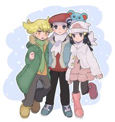 Rule 34 | 1girl, 2boys, alternate costume, barry (pokemon), beanie, beret, black hair, black pants, blonde hair, boots, closed mouth, coat, creatures (company), dawn (pokemon), eneko (olavcnkrpucl16a), fur-trimmed jacket, fur trim, game freak, gen 2 pokemon, green coat, green scarf, grey pants, hair ornament, hairclip, hat, highres, jacket, long hair, lucas (pokemon), marill, multiple boys, nintendo, open clothes, open coat, orange shirt, pants, pantyhose, pink footwear, pointy hair, pokemon, pokemon (creature), pokemon dppt, pokemon platinum, red hat, red sweater, scarf, shirt, shoes, sidelocks, sweater, white hat, white scarf