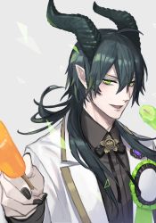 Rule 34 | 1boy, black nails, chorefuji, commentary request, eyelashes, floating hair, food, green eyes, green hair, hair over shoulder, half-closed eyes, holding, horns, incoming food, jacket, long hair, male focus, malleus draconia, nail polish, open mouth, pointy ears, popsicle, smile, solo, twisted wonderland, white jacket