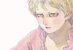 Rule 34 | 1boy, aged down, basil hawkins, blonde hair, child, collarbone, dress shirt, eyelashes, grey eyes, long sleeves, looking ahead, male focus, one piece, pink shirt, shirt, shiso i4, short hair, simple background, solo, white background