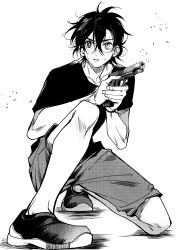 Rule 34 | 1boy, absurdres, ajiro shinpei, chinese commentary, commentary request, crossed bangs, full body, greyscale, gun, hair between eyes, halftone, handgun, heterochromia, highres, holding, holding gun, holding weapon, male focus, monochrome, on one knee, parted lips, shirt, shoes, short hair, short sleeves, shorts, simple background, solo, summertime render, weapon, white background, ziyizhengjun