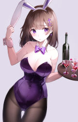 Rule 34 | 1girl, animal ears, arm strap, bare shoulders, bottle, bow, bowtie, breasts, brown hair, brown pantyhose, cleavage, cocktail glass, collarbone, cowboy shot, cross, cross earrings, cup, detached collar, drinking glass, earrings, fake animal ears, groin, hair ornament, hairband, hairclip, highres, jewelry, large breasts, leotard, long hair, looking at viewer, mole, mole on breast, original, pantyhose, playboy bunny, purple eyes, purple leotard, rabbit ears, rangu, solo, tray, wine bottle, wrist cuffs