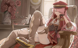 Rule 34 | 1girl, ass, beretta 92, boots, breasts, cane, chair, choker, clock, collared shirt, dress shirt, flower, genek, gold trim, gun, hair flower, hair ornament, hand on own cheek, hand on own face, handgun, hat, highres, holding, holding gun, holding weapon, leg up, long hair, looking at viewer, military, military hat, military uniform, necktie, nijisanji, nijisanji en, pantyhose, pink hair, pouch, red eyes, rose, rosemi lovelock, rosemi lovelock (2nd costume), shirt, short necktie, shoulder pads, side ponytail, sidelocks, sitting, small breasts, smile, smirk, thigh boots, thigh pouch, uniform, vase, virtual youtuber, wall clock, weapon, white pantyhose, window