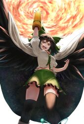 Rule 34 | 1girl, arm cannon, arm up, atom, bird wings, black hair, black thighhighs, black wings, bow, breasts, buttons, cape, commentary request, control rod, feet out of frame, fire, frilled skirt, frills, from below, green bow, green skirt, hair bow, highres, long hair, looking at viewer, looking down, luke (kyeftss), medium bangs, medium breasts, navel, open mouth, print cape, puffy short sleeves, puffy sleeves, red eyes, reiuji utsuho, shirt, short sleeves, simple background, skirt, smile, solo, starry sky print, sun, thighhighs, third eye, touhou, weapon, white background, white cape, white shirt, wings