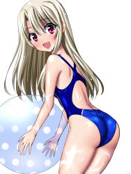 Rule 34 | 1girl, ass, ball, beachball, blush, competition swimsuit, fate/kaleid liner prisma illya, fate (series), illyasviel von einzbern, long hair, looking at viewer, one-piece swimsuit, open mouth, red eyes, sen (sansui), solo, swimsuit, wet, white hair