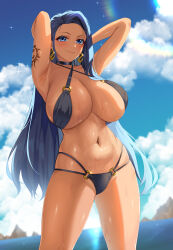 Rule 34 | 1girl, arm tattoo, armpits, arms behind head, arms up, bikini, black bikini, blue eyes, blue hair, blue sky, blush, breasts, choker, cleavage, closed mouth, commentary, commission, dark skin, day, earrings, english commentary, halterneck, highres, huge breasts, jewelry, kisaragi tsurugi, long hair, looking at viewer, marsha thompson, mixed-language commentary, navel, o-ring, o-ring bikini, pixiv commission, sideboob, sky, smile, solo, stomach, sunlight, swimsuit, tan, tatakau ataisuru, tattoo, thighs, water, wet