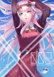 Rule 34 | 10s, 1girl, :o, arms up, black sleeves, character name, copyright name, darling in the franxx, dress, fangs, floating hair, flower, green eyes, hair flower, hair ornament, hair ribbon, highres, long hair, looking at viewer, pink hair, red dress, red flower, ribbon, solo, sumomo7317, very long hair, white ribbon, zero two (darling in the franxx)