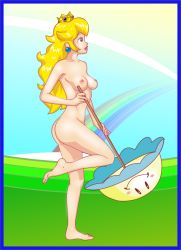Rule 34 | 1girl, 1other, barefoot, blonde hair, blue border, blue eyes, blush, blush stickers, border, breasts, creature, crown, earrings, feet, from side, full body, jewelry, long hair, mario (series), medium breasts, mini crown, nintendo, nipples, nude, outdoors, perry (mario), princess, princess peach, public indecency, rainbow, red lips, sky, smile, standing, standing on one leg, super mario bros. 1, super princess peach, umbrella
