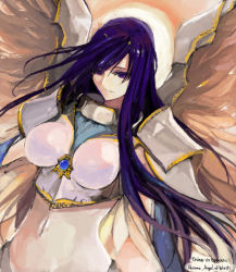 Rule 34 | 1girl, akroma, angel, breasts, large breasts, long hair, magic: the gathering, midriff, pupps, purple eyes, purple hair, solo, wings